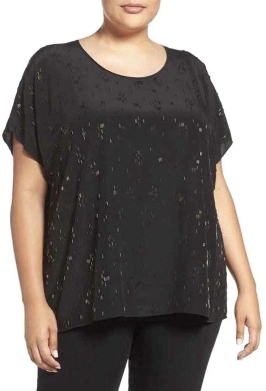 Eileen Fisher Blouse Short Sleeve Shirt Top Beaded Jeweled Pure Silk Black XL R9